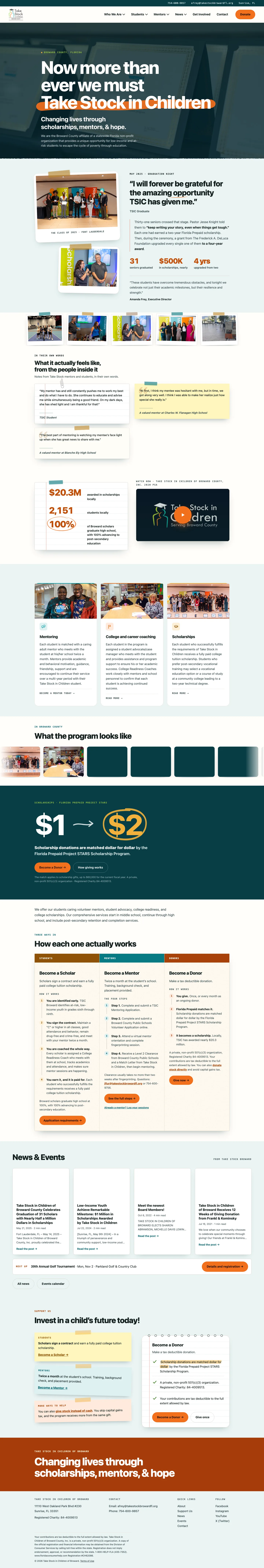 The full Take Stock in Children of Broward County home page on desktop, scrolling top to bottom