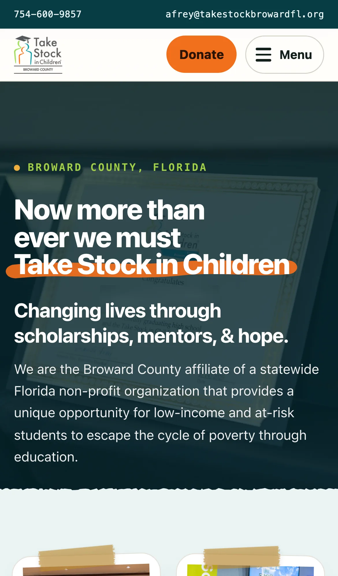 Take Stock in Children of Broward County home page on a phone